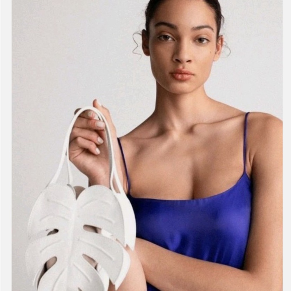 NWT STAUD Palm Leaf Mini Leather Tote Bag Purse Paper White Vacation RARE!